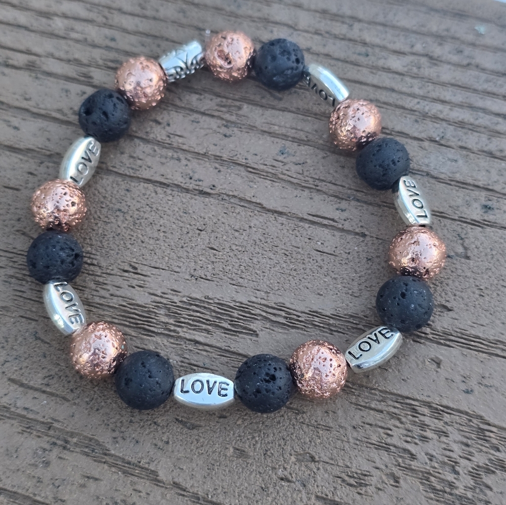 Black and Rose Gold "Love" Handmade  Lava Rock Bracelet